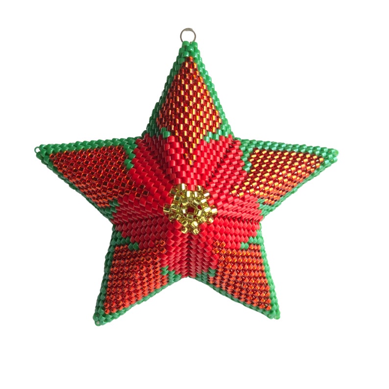 3D Peyote Star, Christmas Poinsettia Star 2, warped square, Geometric Beading Pattern. image 9