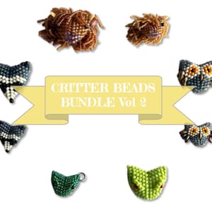 May include: A collection of beaded critter designs, including owls, raccoons, and other creatures. The image features the text "Critter Beads Bundle Vol 2" on a yellow banner. The beads are in various colors, including brown, green, and blue.