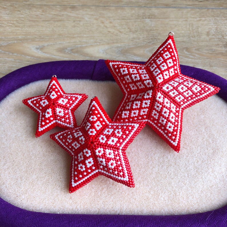 3D Peyote Scandi Diamonds Star, A 3 in 1 pattern Christmas ornament, Geometric Beading Pattern, Nordic Red and White Beaded Star image 7