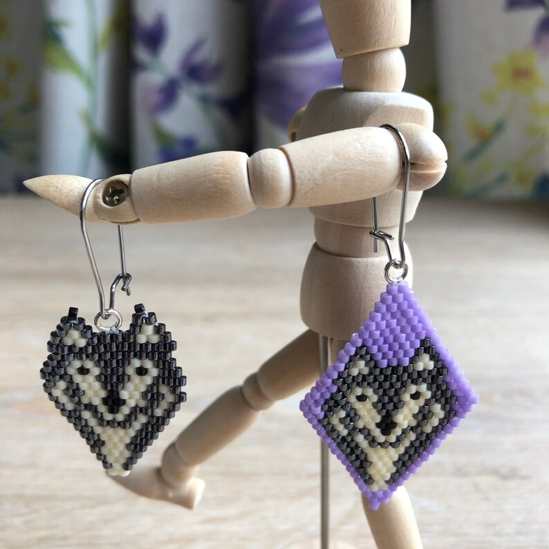 Brick Stitch Wolf Charm, beaded diamond shape, earrings, charm bracelet. Goes with the Lockdown Menagerie Wolf Pack Star image 5