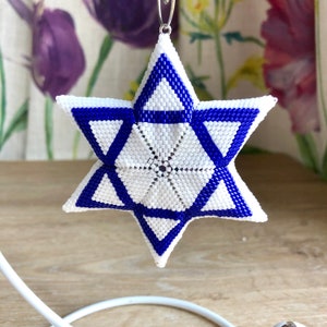 Traditional Star of David 3D warped square Peyote Star, Hanukkah Chanukah Geometric Beading Pattern, Blue and White Beaded Star image 9