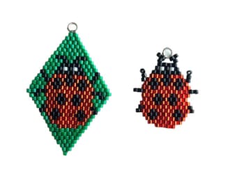 Brick Stitch Ladybird Ladybug Charm, beaded diamond shape, earrings, charm bracelet. Lockdown Menagerie Loveliness of Ladybirds Star