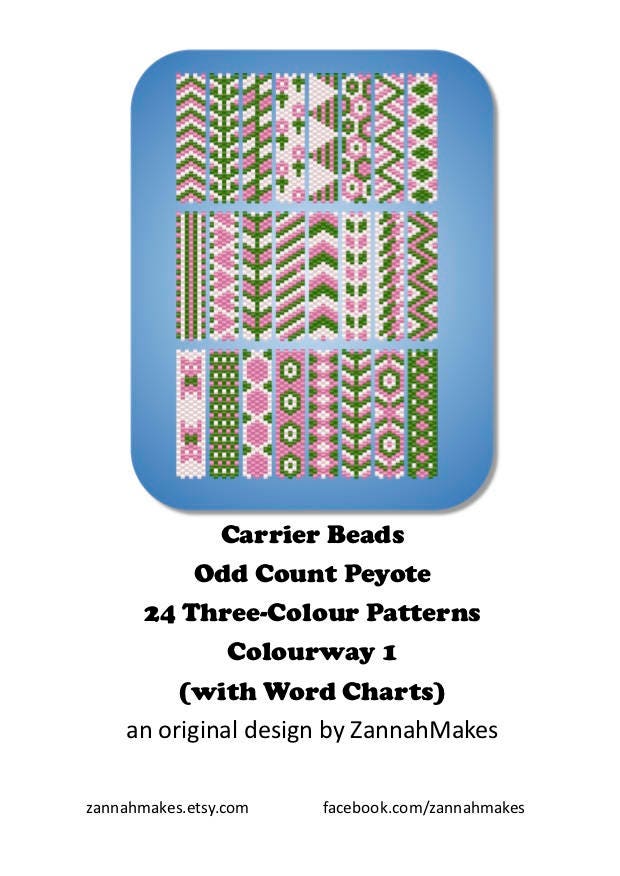 3 Colour Carrier Bead Patterns, Odd Count Peyote, Three-Colour Patterns, Full Word Charts, Colourway 1