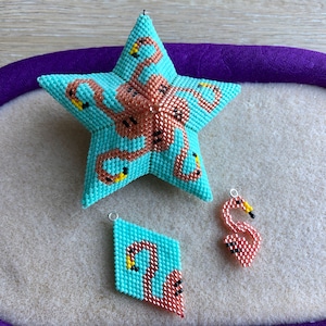 BUNDLE Brick Stitch Flamingo Charm AND  the Lockdown Menagerie Flamboyance of Flamingos Star, beaded diamond shape, earrings, charm bracelet