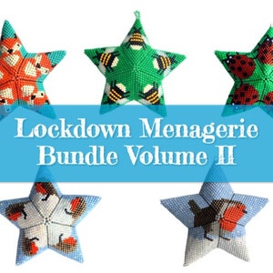 May include: Five beaded star ornaments featuring different animal designs. The ornaments are green, blue and white with red, orange and black accents. The title "Lockdown Menagerie Bundle Volume II" is displayed on a blue banner.