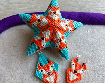 Brick Stitch Fuchs Charm AND the Lockdown Menagerie Skulk of Foxes Star, Perlen Diamant Form, Ohrringe, Bettelarmband.