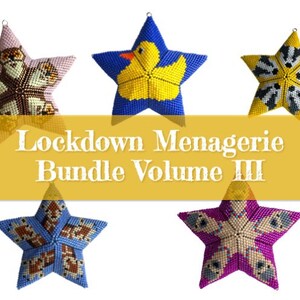Puede incluir: Cinco adornos en forma de estrella con varios diseños, incluyendo un pato y patrones de perro. Los adornos son en tonos azules, amarillos, rosas y blancos. El texto "Lockdown Menagerie Bundle Volume III" se muestra en una pancarta amarilla.