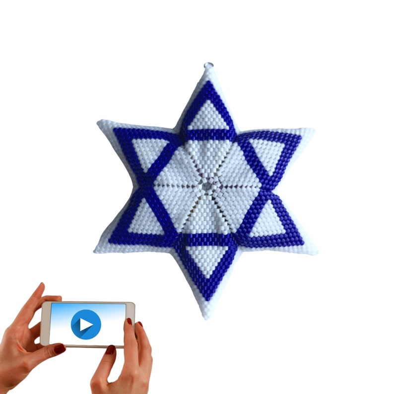 Traditional Star of David 3D warped square Peyote Star, Hanukkah Chanukah Geometric Beading Pattern, Blue and White Beaded Star image 1