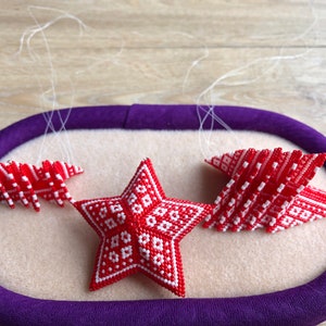 3D Peyote Scandi Diamonds Star, A 3 in 1 pattern Christmas ornament, Geometric Beading Pattern, Nordic Red and White Beaded Star image 2