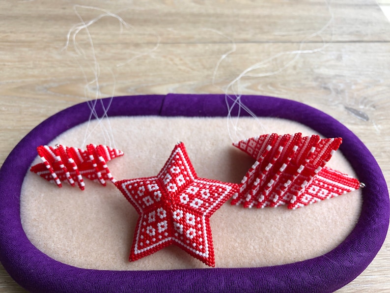 3D Peyote Scandi Diamonds Star, A 3 in 1 pattern Christmas ornament, Geometric Beading Pattern, Nordic Red and White Beaded Star image 2