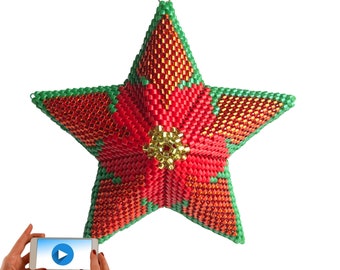 3D Peyote Star,  Christmas Poinsettia Star 2, warped square, Geometric Beading Pattern.