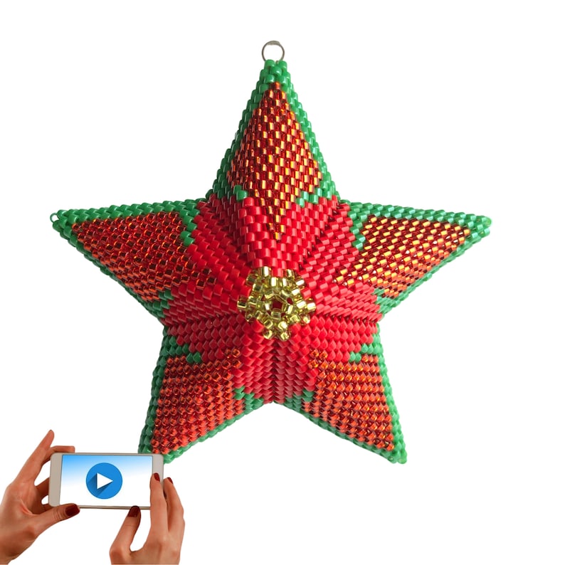 3D Peyote Star, Christmas Poinsettia Star 2, warped square, Geometric Beading Pattern. image 1