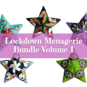 May include: Five colourful star-shaped beaded ornaments with various animal designs. The ornaments are titled "Lockdown Menagerie Bundle Volume I".