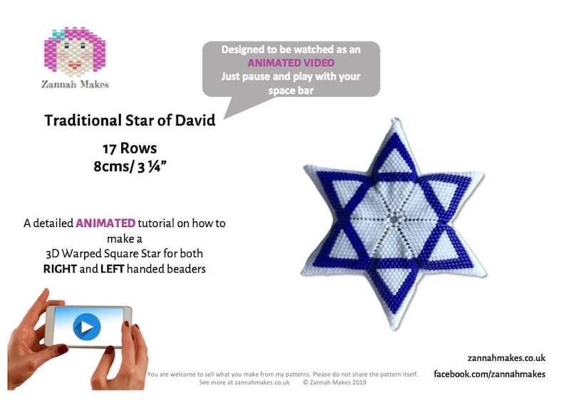 Traditional Star of David 3D warped square Peyote Star, Hanukkah Chanukah Geometric Beading Pattern, Blue and White Beaded Star image 2