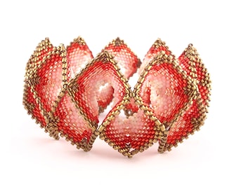 Beaded Geo Bangle. Beaded bangle Sliced Strawberries. Contemporary Geometric Beadwork. Beading Pattern