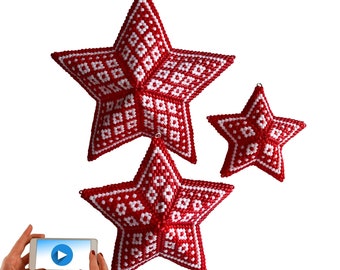 3D Peyote Scandi Diamonds Star, A 3 in 1 pattern Christmas ornament, Geometric Beading Pattern, Nordic Red and White Beaded Star