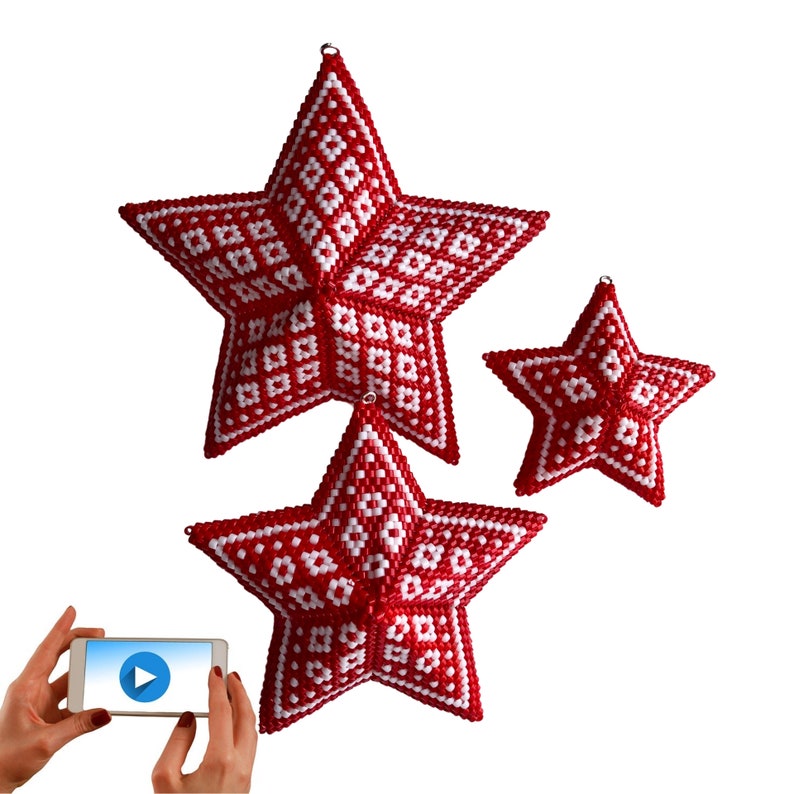 3D Peyote Scandi Diamonds Star, A 3 in 1 pattern Christmas ornament, Geometric Beading Pattern, Nordic Red and White Beaded Star image 1