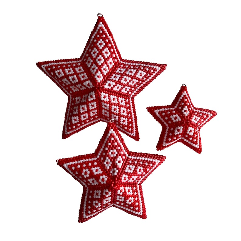 3D Peyote Scandi Diamonds Star, A 3 in 1 pattern Christmas ornament, Geometric Beading Pattern, Nordic Red and White Beaded Star image 9