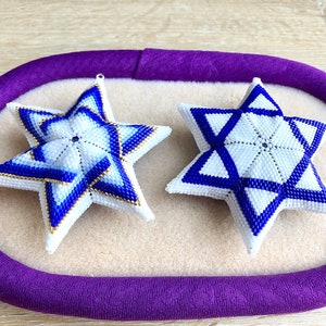 Traditional Star of David 3D warped square Peyote Star, Hanukkah Chanukah Geometric Beading Pattern, Blue and White Beaded Star image 8