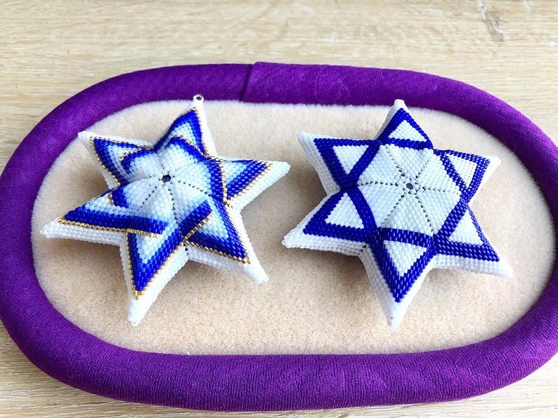 Traditional Star of David 3D warped square Peyote Star, Hanukkah Chanukah Geometric Beading Pattern, Blue and White Beaded Star image 8