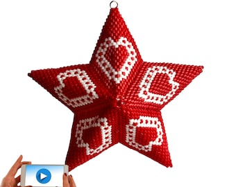 3D Peyote Star, warped square, Scandi Valentines Heart Star Geometric Beading Pattern, Nordic Red and White Beaded Star