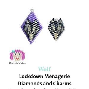 Brick Stitch Wolf Charm, beaded diamond shape, earrings, charm bracelet. Goes with the Lockdown Menagerie Wolf Pack Star image 2