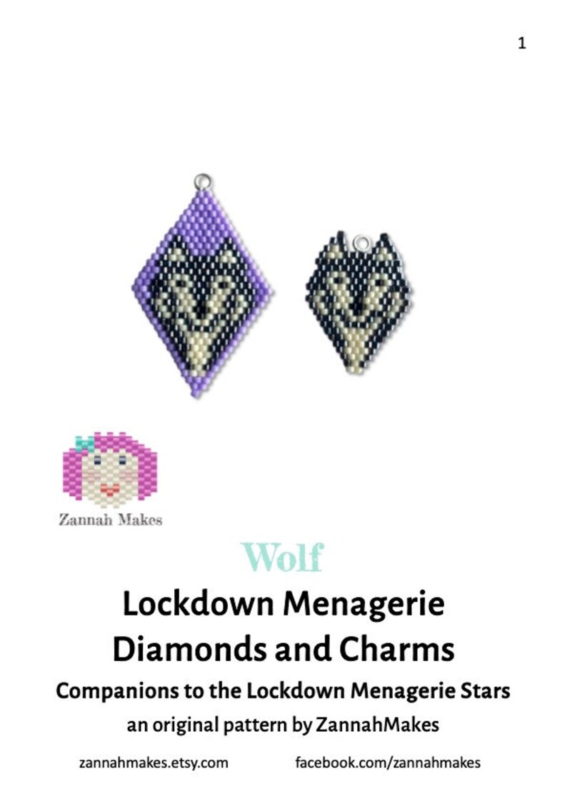 Brick Stitch Wolf Charm, beaded diamond shape, earrings, charm bracelet. Goes with the Lockdown Menagerie Wolf Pack Star image 2