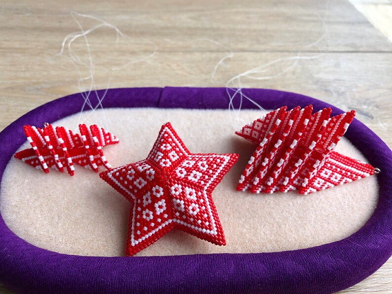 3D Peyote Scandi Diamonds Star, A 3 in 1 pattern Christmas ornament, Geometric Beading Pattern, Nordic Red and White Beaded Star image 6