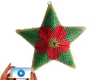 Estrella de peyote 3D, Estrella de Navidad Poinsettia 1, adorno navideño, patrón de cuentas geométricas.