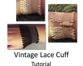 Beading  Photo Tutorial Pattern Instructions Vintage Lace Beaded Bracelet Cuff Netting Steampunk