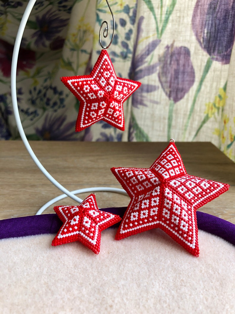 3D Peyote Scandi Diamonds Star, A 3 in 1 pattern Christmas ornament, Geometric Beading Pattern, Nordic Red and White Beaded Star image 8