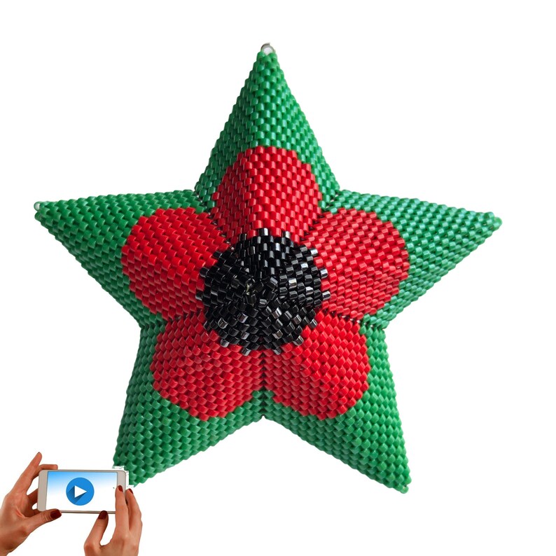 3D Peyote Poppy Warped Square Star, Hanging ornament, New video style pattern, Geometric Beading Pattern, Remembrance Star image 1