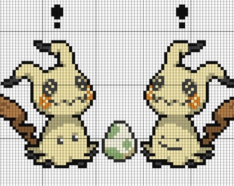May include: Pixel art of two Mimikyu characters with a green and white egg between them. The Mimikyu characters are yellow with black ears and eyes, orange cheeks, and a brown tail. Each character has a black question mark above its head.