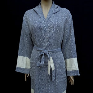 Navy blue colour diamond patterned Turkish cotton hooded warm bathrobe, dressing gown.