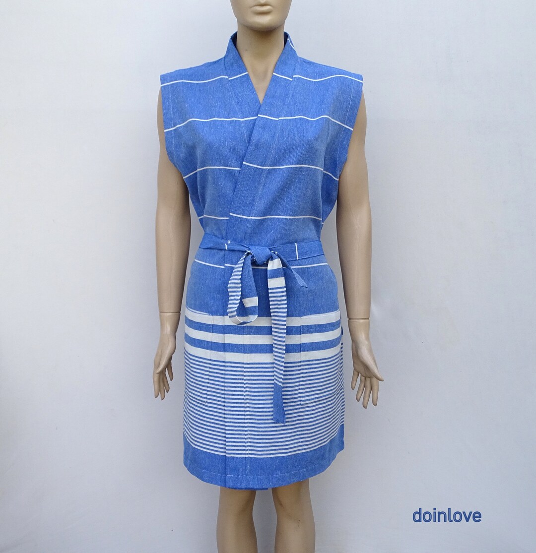 Short Blue Robe Sleeveless Blue Colour Soft Cotton Lightweight Robe, Short Dressing ...