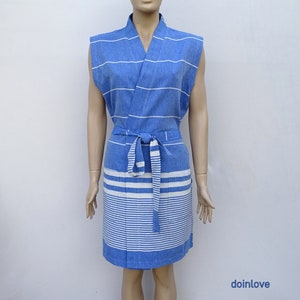 Sleeveless blue colour soft cotton lightweight robe, short dressing gown.