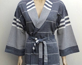 Dark navy blue colour shawl collar 3/4 sleeved Turkish soft cotton lightweight kimono bathrobe.