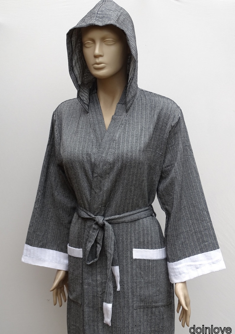 Black colour chevron patterned Turkish lightweight soft cotton hooded bathrobe.