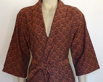 Customized shawl collar 3/4 sleeved soft cotton lightweight kimono robe in brown black colour, light dressing gown.