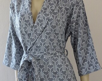 Shawl collar 3/4 sleeved Turkish soft cotton jacquard lightweight robe in black and white, dressing gown, morning gown.