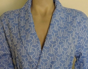 Shawl collar bright navy blue Turkish soft cotton jacquard lightweight bathrobe, dressing gown.