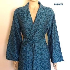 Shawl collar lightweight Turkish soft cotton bathrobe in azure blue black, dressing gown, morning gown.