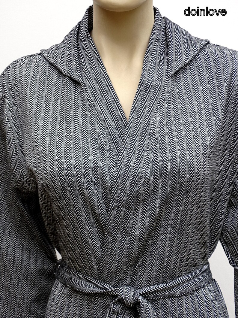 Black colour chevron patterned Turkish lightweight soft cotton hooded bathrobe.