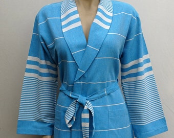 Turquoise blue Turkish soft cotton lightweight shawl collar bathrobe, dressing gown.