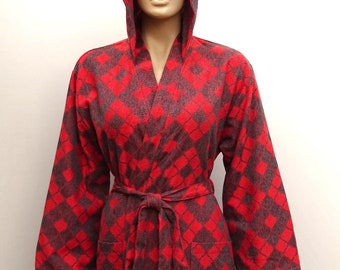 Red & Black Jacquard Cotton Hooded Bathrobe, Lightweight Turkish Robe