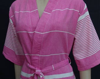 Women's fuchsia pink colour Turkish soft cotton lightweight short sleeved kimono robe,  short dressing gown.