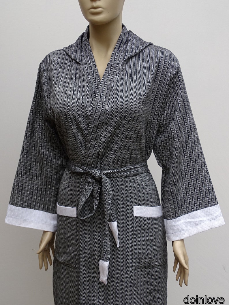 Black colour chevron patterned Turkish lightweight soft cotton hooded bathrobe.