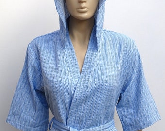 Blue colour chevron jacquard lightweight Turkish soft cotton hooded short sleeved kimono robe.