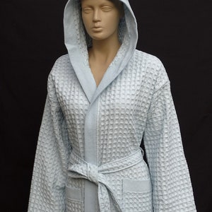 Waffle patterned Turkish soft cotton thick ice blue warm hooded bathrobe, warm dressing gown.