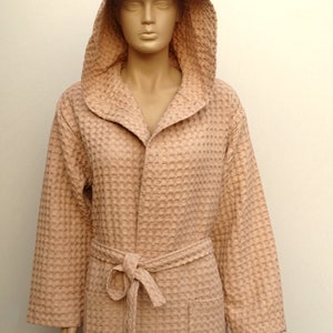 Turkish soft cotton milky brown colour waffle patterned warm hooded bathrobe, warm winter morning gown.